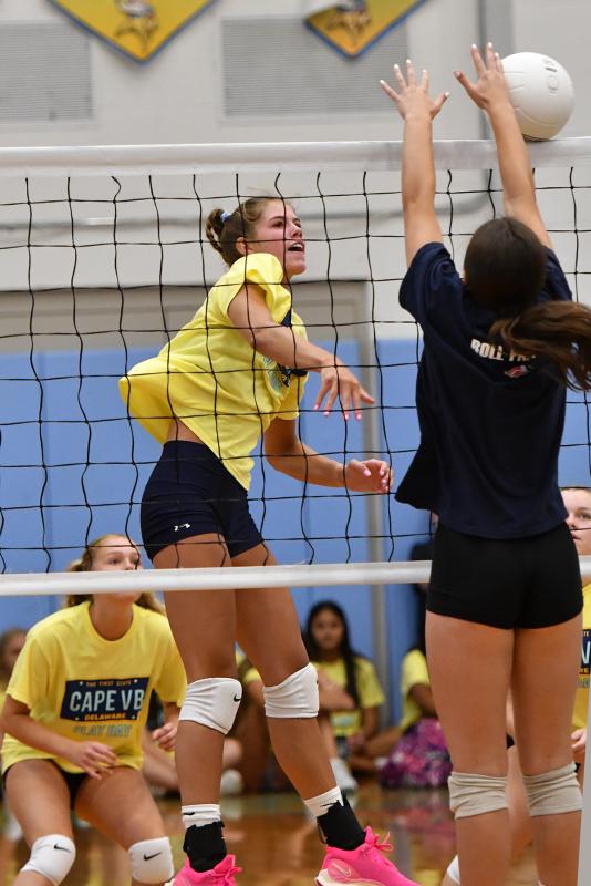 Cape sophomore Amalia Fruchtman slams a kill shot against Newark Charter.