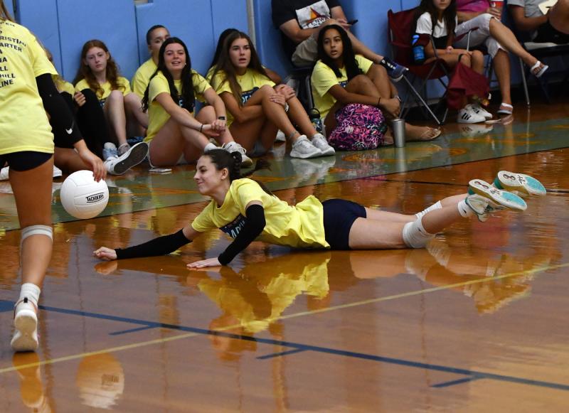 Cape sophomore Kaylee Sockriter makes a diving save attempt.