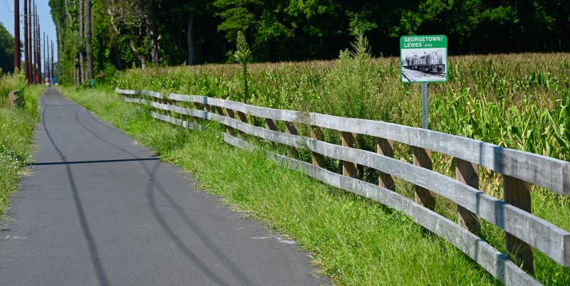 The trail leaves the railroad bed with a stretch along Route 9 from Cool Spring Road to a signalized intersection at Fisher and Hudson roads.