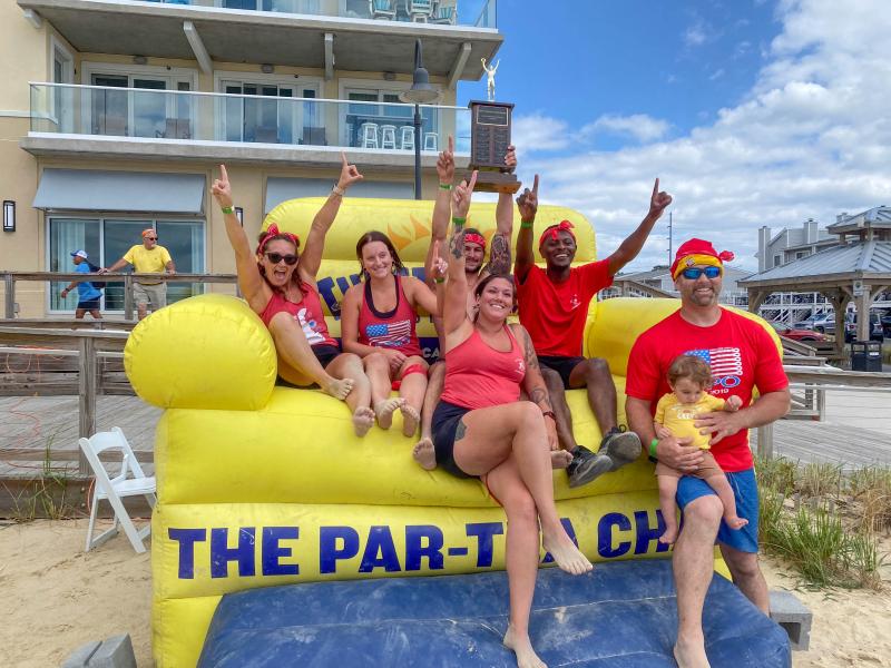 The Paradise Grill team celebrates its victory. Shown in back are (l-r) Alisa Clayville, Liza Ernst, Ryan Cressman and Kelvin Reynoso. In front are Tanisha Washburn, Shawn Armstrong and his son Grayson. SUBMITTED PHOTO