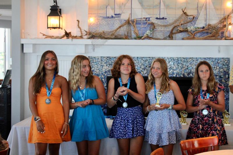 Recognized for their efforts during the 2023 season at the Aug. 2 Lewes Yacht Club swim team banquet are (l-r) Sidney Caldwell, Caitlin Perchiniak, Willet Cole, Zoey Neufeld and Megan Krajewski.