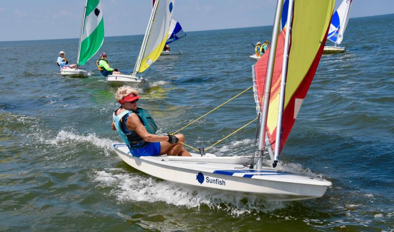 It will be women-only racing this weekend during the Sunfish Women’s North American Championship hosted by Lewes Yacht Club. Connie Miller (front) and Jenny Hopkins (back) are the club’s top women Sunfish sailors during weekly races held each Saturday throughout the summer season. RON MACARTHUR PHOTO
