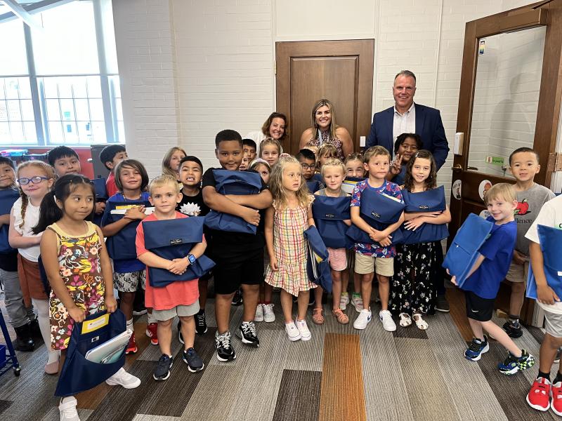 Visiting a Milton Elementary Spanish immersion class are in back (l-r) school board President Alison Myers, school board member Jessica Tyndall and Superintendent Bob Fulton. SUBMITTED PHOTO