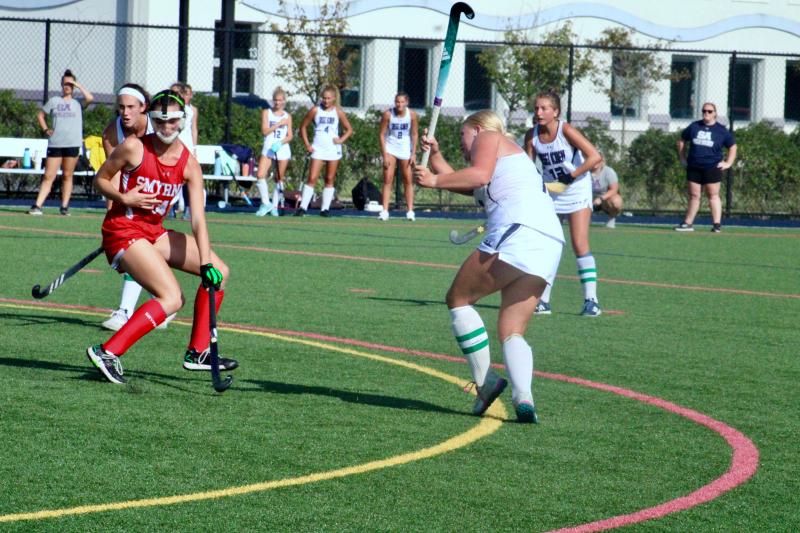 Seahawks senior forward Callie Short scores the first goal of the game to give Sussex Academy a 1-0 lead over Smyrna.
