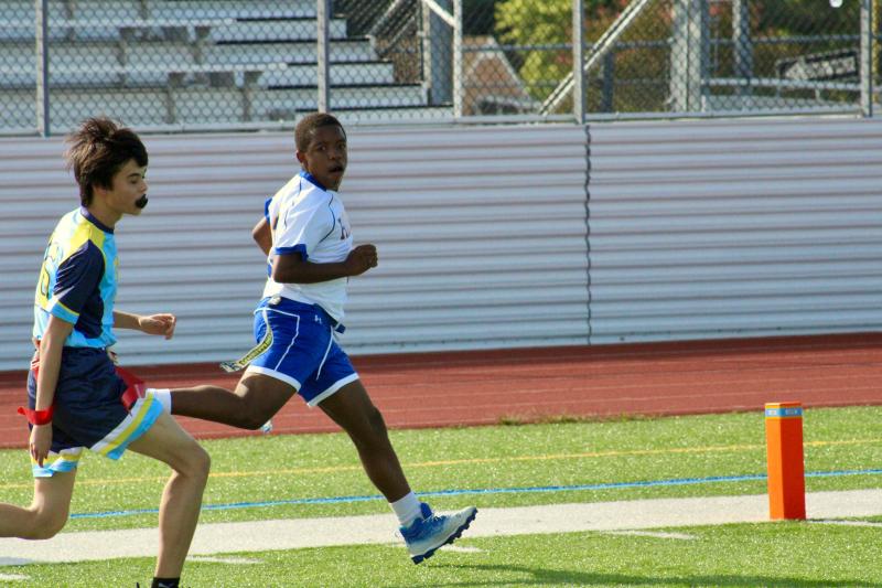 Riders freshman Brayden Robinson caught two touchdown passes, the two-point conversions after them before making a magnificent run down the sideline for his third score of the game. Vikings sophomore Ronald “Ronnie” LeRoy never gave up his pursuit on the play.