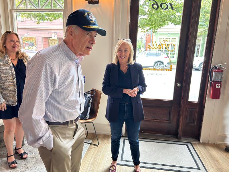 U.S. Sen. Tom Carper tours GGA Construction on Union Street in Milton Sept. 29, accompanied by Milton Chamber Executive Director Karen Falk, left, and Lorri Grayson of GGA Construction.
