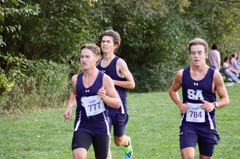Sussex Academy runners took the top three places in the boys’ quad-meet. Shown are (l-r) Justin Friscia, Duncan Winger and Ryan Moody. Moody fnished first in 18:13.7, Friscia second at 18:18 and Winger third at 18:31.4.