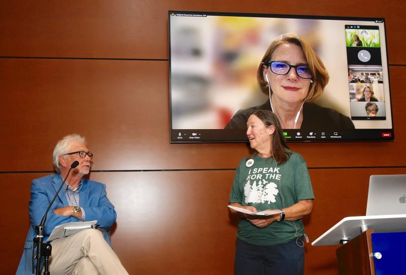 Sussex Preservation Coalition Vice President Jill Hicks, center, moderates a question-and-answer session with I.G. Burton, left, and Kim Hoey Stevenson via Zoom.