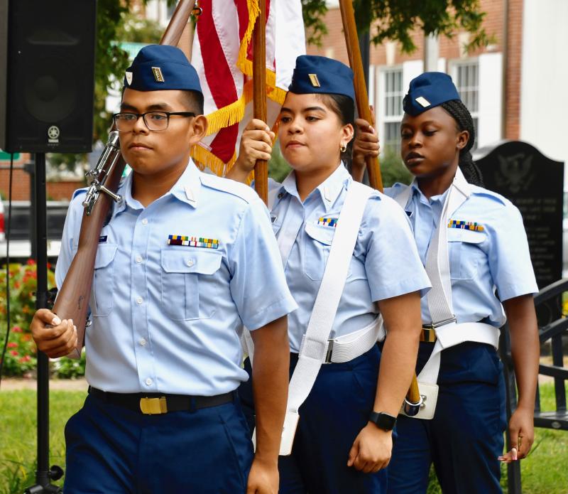 The Sussex Technical High School U.S. Coast Guard JROTC Honor Guard presents the colors. Members are (l-r) Estebar Gonzalez-Chan, Nayeli Redelo and Bedsaida Raymond.