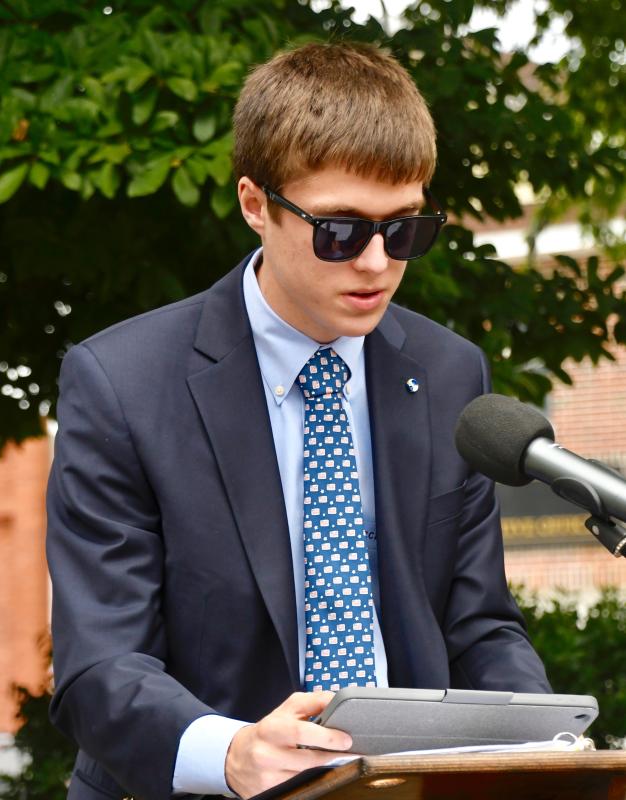 Carson Hastings, honorary Children of the American Revolution state president, reads the first 10 amendments to the Constitution, which include the right to bear arms, and freedom of religion, speech, press, assembly and petition.