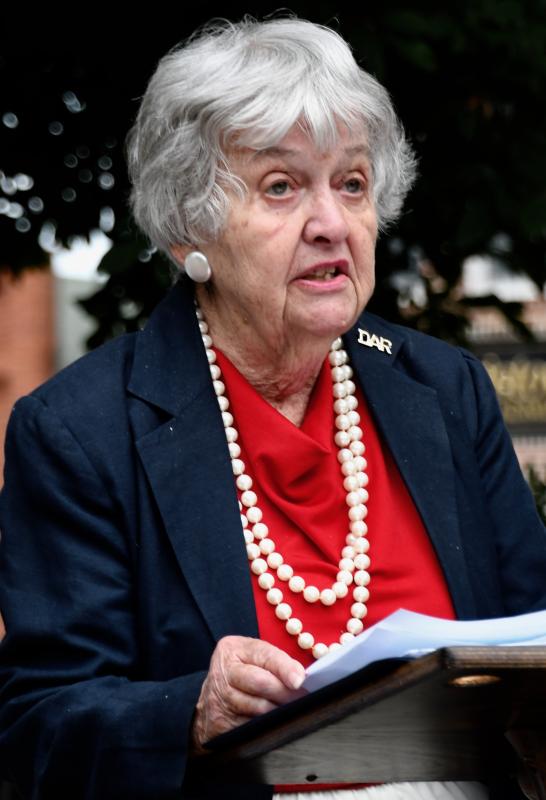 Chapter member Sue Bramhall reads the 11th through 27th amendments to the Constitution, which include Prohibition (and its repeal) and prohibition of slavery.