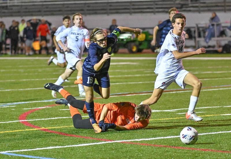 Delmar junior keeper Caleb Ritchey trips Cape’s Cardin Benjamin, causing a penalty kick in the 99th minute.