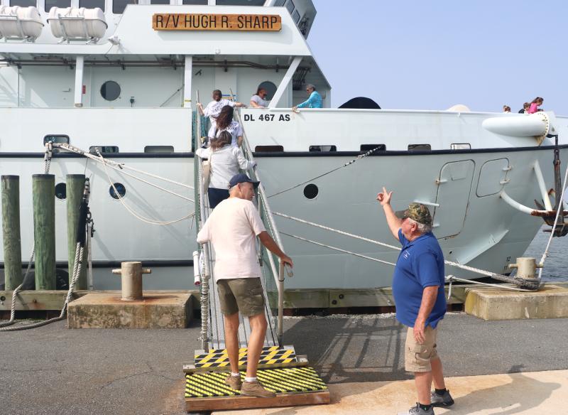 Jim Warrington, captain of the Research Vessel Hugh R. Sharp for 35 years, welcomes visitors aboard.