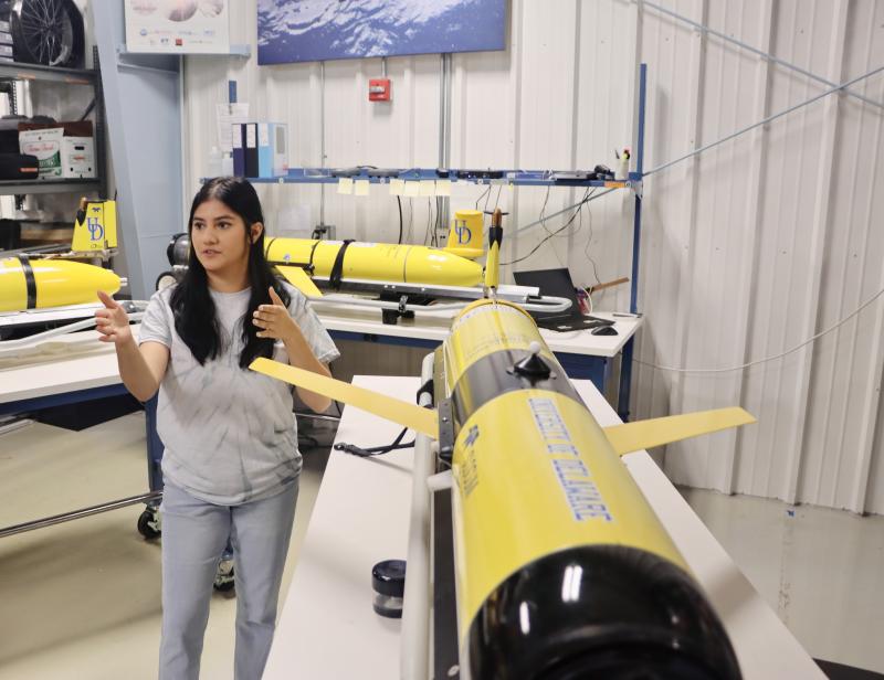 Yuleny Gomez explains how this underwater glider works. She said it was deployed in August to help measure temperature and salinity in the ocean, and was out there during Tropical Storm Ophelia.