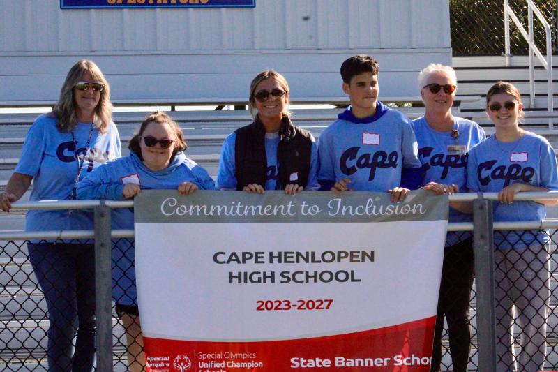 Cape Henlopen High School hosted the state’s largest bocce ball tournament Oct. 10 at Champions Stadium. Prior to the games, Special Olympics Delaware acknowledged Cape for its commitment to inclusion. Shown at the banner school recognition are (l-r) Lisa Thorp, Sara Davis, Kayla Droge, Vincent Lloyd, Margaret Haas and Sophia Chilleli. AARON MUSHRUSH PHOTOS