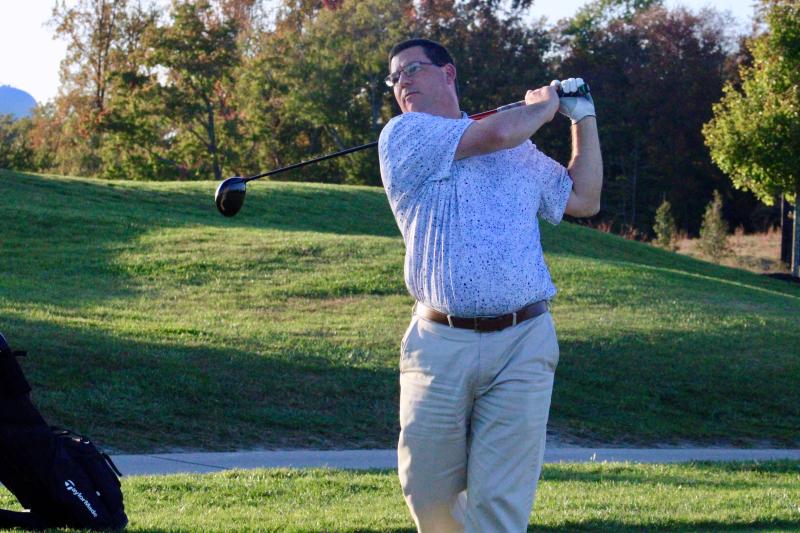 Lower Shore Chapter co-leader Tim Brennan drives the ball off the yellow tee box at the first hole of Plantation Lakes golf course in Millsboro. Winning an MGA tournament, with the right score, moves a player up a box. Shoot too close to par? Back a box!