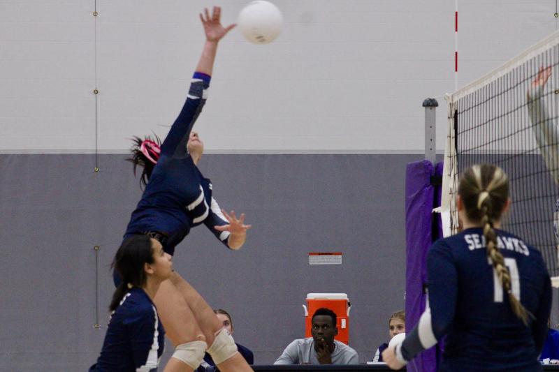 Seahawks senior Danica Duncan rises up for a kill. During the match, she became the program's all-time leader in kills.