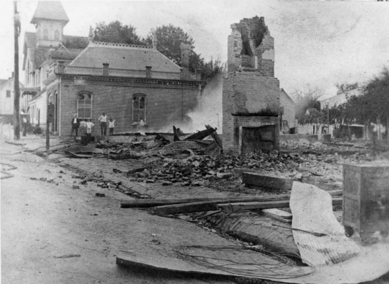 Fire was always a danger in downtowns. One of the worst occurred in Milton on Aug. 4, 1909, destroying 18 buildings, including the post office and telephone exchange, a hotel, grocery, provisions and furniture stores, a bank, a funeral home and a barbershop. DELAWARE PUBLIC ARCHIVES PHOTO