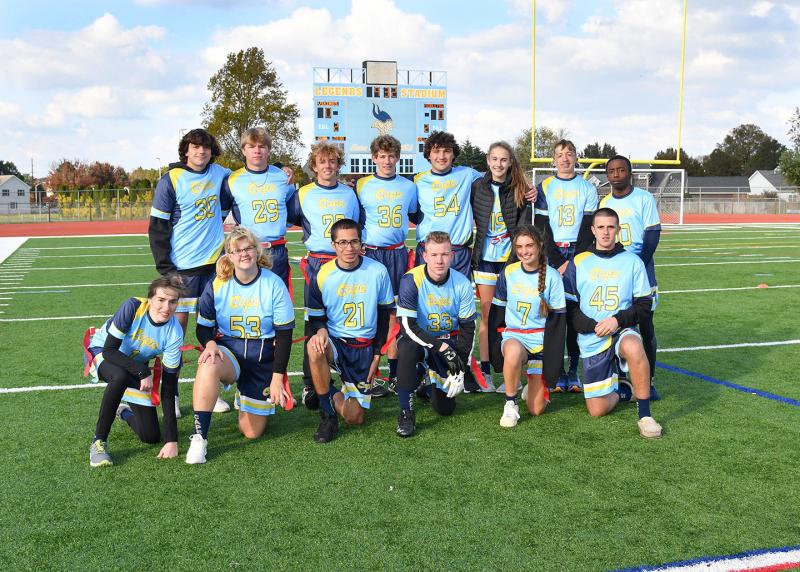 The Cape unified flag football Class of 2024 members are in back (l-r) William Mastrangelo, Ethan Carney, Ellis Jack, Aidan Block, Jackson Wood, Chloe Wood, Connor Pencek and Noah Ryan. In front are Peyton Lamson-Reich, Charlotte Maxwell, Alejandro Alvarez-Roman, Tony Palmer, Madison Mastriana and Isaiah Magathan. DAN COOK PHOTOS