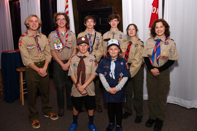 Scouts on hand at the award ceremony are in back (l-r) Nicolas Parson, Ian Lewis, Wyatt Snyder, Matthew Hanna, Adrienne Hanna and Zoe Kot. In front are Callan and Delaney McCowan.