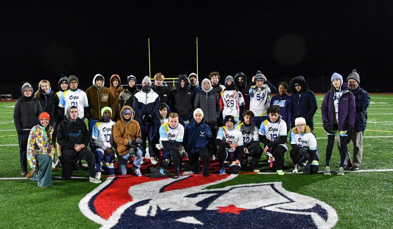 The Cape unified team fell 40-30 to Newark Charter Nov. 28. The members are (standing l-r) coach Theresa McCloy, Chloe Wood, Harry Preston, Alejandro Alvarez-Roman, William Mastrangelo, Mason Furman, Aiden Block, Luke Picard, Ethan Carney, Brycen Stewart, Martin Silva, Ellis Jack, Hank Anderson, Dalen Daminger, Garrett Thawley, Jackson Wood, Casiya Chandler, Mallory Kauffman, Peyton Lamson-Reich and coach Drew Messick and (kneeling l-r) Maddie Mastriana, Isaiah Magathan, Noah Ryan, Noah Wilson, Tony Palmer, Ronnie LeRoy, Mackenzie Leos, Connor Pencek, Mason Trench, Eddie Ghabour and Charlotte Maxwell. DAN COOK PHOTOS