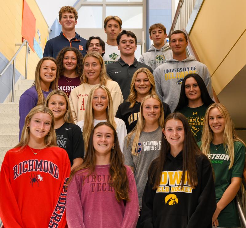 Cape athletes signed letters of intent to continue athletics in college. Shown in back are (l-r) Jack Schell (Syracuse), Anderson Smith (St. Leo) and Mike Guenther (St. Leo). In fourth row are Devon DeGregory (Salisbury) Joey DeGregory (Salisbury), Brian Fleming (VCU) and Gage Joseph (Delaware). In third row are Montana Jones (West Chester), Carrie Clausius (Tampa), Lexi Nowakowski (Vanderbilt) and Anna Lopez (William and Mary). In second row are Landon Diehl (Mary Washington), Addy Basile (Ohio), Hannah Abel (Catawba) and Anna Sullivan (Stetson). In front are Grace Wiggins (Richmond), Lulu Rishko (Virginia Tech) and Hannah Maney (Iowa). Not present is Maurki James (Old Dominion). DAVE FREDERICK PHOTOS