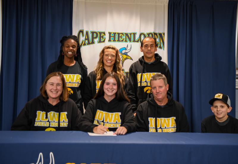 Hannah Maney will attend the University of Iowa to play field hockey.
In back are (l-r) Dom Scott, Joy Ferguson and Martin Rodriguez. In front are Tristan Engle, Hannah Maney, Michael Maney and Chance Gunter.