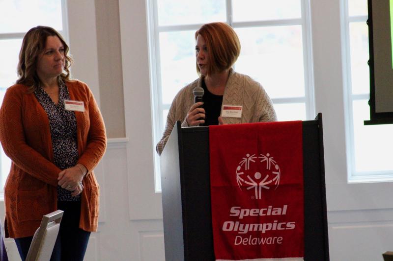 Polytech High School teachers Kaci Burris, left, and Amy Blansfield talk about their lifelong involvement with the Special Olympics. Polytech’s programs began with bowling and have expanded to unified basketball with a DIAA schedule. One of their first partners became a doctor after being inspired by the bowling program.