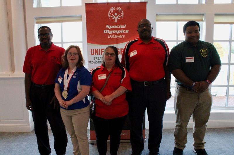 Six athletes were in attendance for the luncheon. Laura Scott talked about the power of the medal while David Hill shared his story of triumph as a successful bodybuilder. Shown are (l-r) Reggie Miller (not big-name Reggie Miller, but a baller in his own right), Torie Moore, Scott, Michael Bowe, and Hill. Matthew Beck is not pictured but is one funny dude.