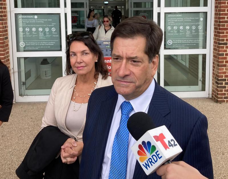 Former State Auditor Kathy McGuiness, shown after her sentencing in October 2022, is seeking to have her conflict of interest and general misconduct convictions reversed and to have her either be acquitted or have the case remanded to Delaware Superior Court for a new trial. McGuiness’ attorney, Steven Wood, right, said the state relied on false statements in its affidavit of probable cause to search computer files found in the auditor’s office. FILE PHOTO