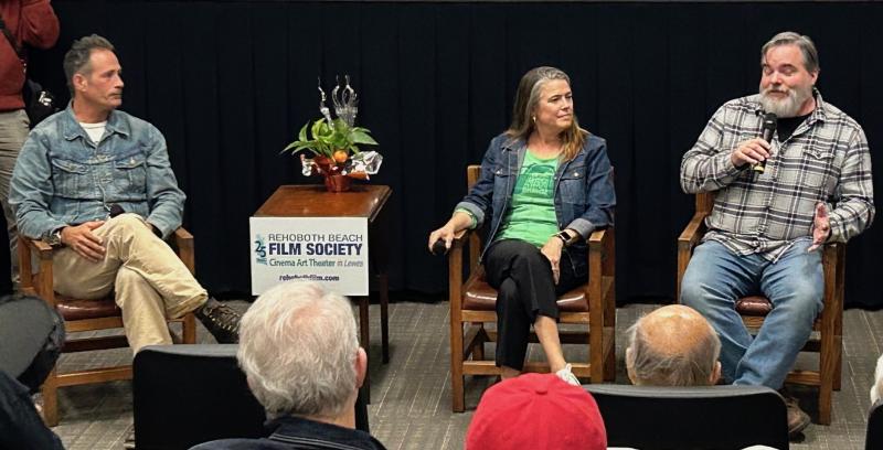 Taking part in a question-and-answer session following the screening of “Bottle Conditioned” at the Rehoboth Beach Independent Film Festival are (l-r) Dogfish Head’s Sam Calagione, Mariah Calagione and head brewer Mark Safarik. The film tracks the past and present of lambic beer, a naturally fermented beer only brewed in and around Brussels, Belgium. RYAN MAVITY PHOTO