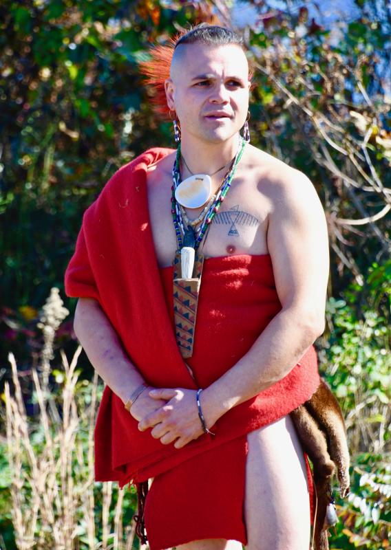 Drew Shuptar-Reyvis, a Pocomoke Tribe member and historical interpreter for the state of Maryland, is the featured speaker who answered questions about his clothing.
