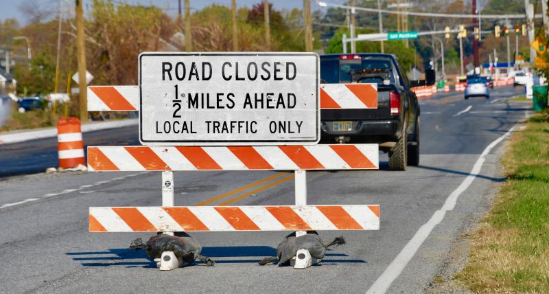 A warning sign greets motorists on Plantation Road heading toward Route 1. Access to the highway will not be possible, but Shady Road is open as a detour route. RON MACARTHUR PHOTO