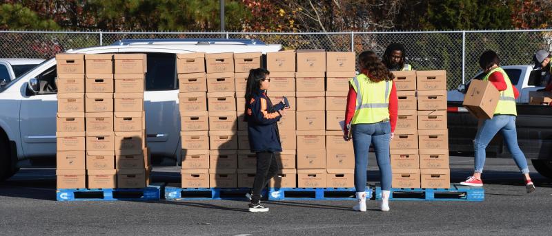 More than 80 food boxes are packed, stacked and ready for pickup by more than 200 groups for distribution in their communities.