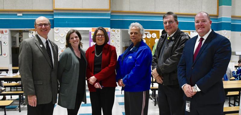 Attending financial literacy night at Long Neck Elementary School are (l-r) Rep. Jeff Hilovsky, R-Long Neck; Jen Magaw, UD center’s administrative specialist and program organizer; Bonnie Meszaros, UD center associate director; Indian River School District Board President Leolga Wright; board member Donald Hattier; and Superintendent Jay Owens.