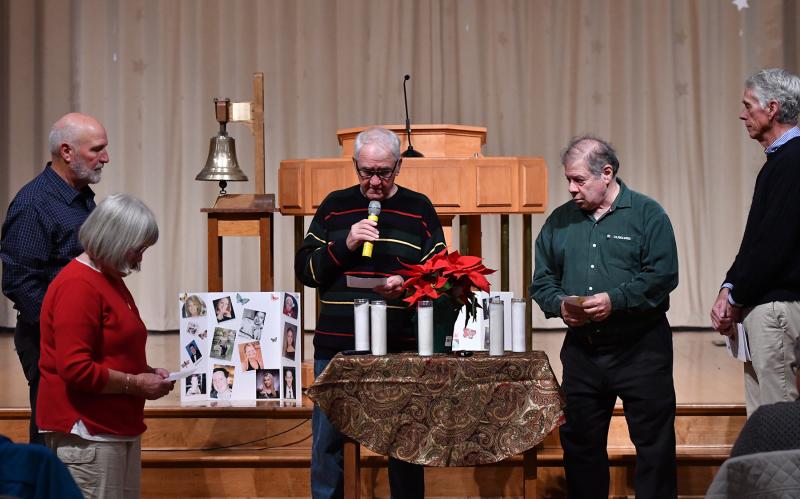 Sharing readings and lighting the candles are (l-r) Fred Taddeo, Kathy Robinson, Skipp Robinson, Al Liebeskind and Robert Kennedy.