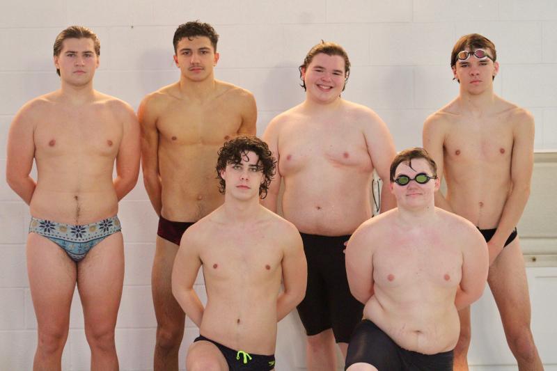 Sussex Academy’s boys’ swim team is hoping to be a force in the Henlopoen. Shown in back are (l-r) Owen Schraeder, Christian Wright, Kieran Probert and William Kent. In front are Carter Bradley and Matthew Perchiniak.