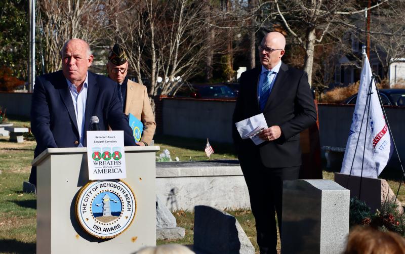 Former House Speaker Rep. Pete Schwartzkopf, D-Rehoboth Beach, delivers remarks as Dave Diefenderfer, VFW Post 7447 commander and active member of the Navy, and Sen. Russ Huxtable, D-Lewes, look on.