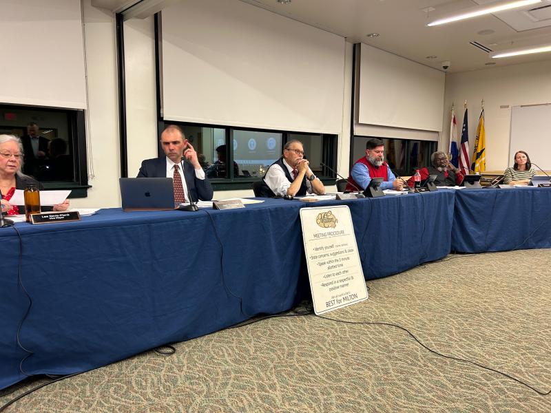 At its Dec. 4 meeting, Milton Town Council set a Saturday, Jan. 27 date for a public referendum on borrowing $6.2 million for three water infrastructure projects, including a new 500,000 gallon water tower on Federal Street near the Rails to Trails. Sitting at the dais are (l-r) Councilwoman Lee Revis-Plank, Town Solicitor Seth Thompson, Mayor John Collier, Councilman Scotty Edler, Councilman Fred Harvey and Councilwoman Randi Meredith. RYAN MAVITY PHOTO