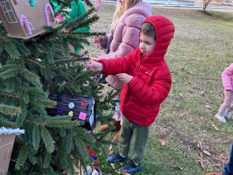 Boden Stuckey, 5, adds ornaments, some of which were made by his sister, Lily, who attends H.O. Brittingham Elementary.