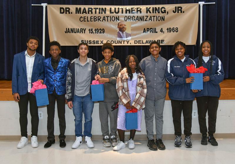 Lower Sussex County NAACP Youth Council 2719 members were celebrated at the Martin Luther King Jr. Celebration Organization of Sussex County Inc. banquet. Shown are (l-r) Christian Davis, Jakeem Davis, La'Bryan Neal, Montez McNair Jr., Le'Andria Sunkett, Lynaire Church, Jada White and Jurnee White. DAN COOK PHOTOS