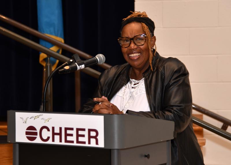 Martin Luther King Jr. Celebration Organization of Sussex County Inc. member Hattie Bull introduces the emcee, the Rev. Tesha Miller.