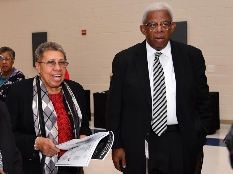 The Rev. C. Claudia Waters of the Wesley Chapel United Methodist Church in Slaughter Neck sings “Lift Every Voice and Sing” with Rev. Gary Meekins.
