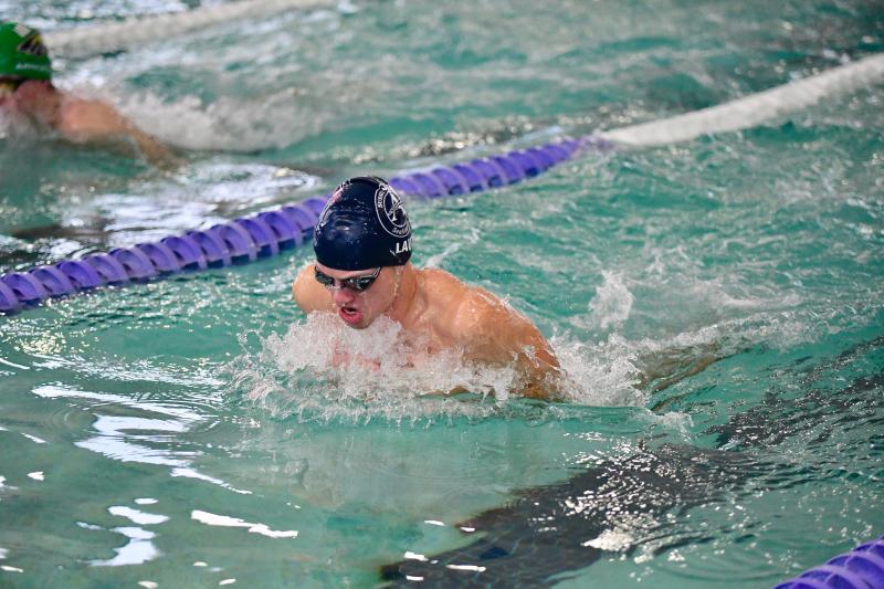 Seahawks junior Jaxon Laux swims the breaststroke to help his 200 medley team secure first place, touching at 1:48.81.