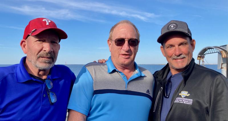 John Laielli, Kevin Kuenzner and Mike Laielli are shown on the Cape May-Lewes Ferry. They were part of a group of 27 avid golfers from southern New Jersey returning from an October golf vacation in the Cape Region and Ocean City, Md. Thousands of such players come here each spring and fall, primarily from northeastern states and Canada. Golf tourism is a significant part of the local economy, especially in the off-season months. FRITZ SCHRANCK PHOTO