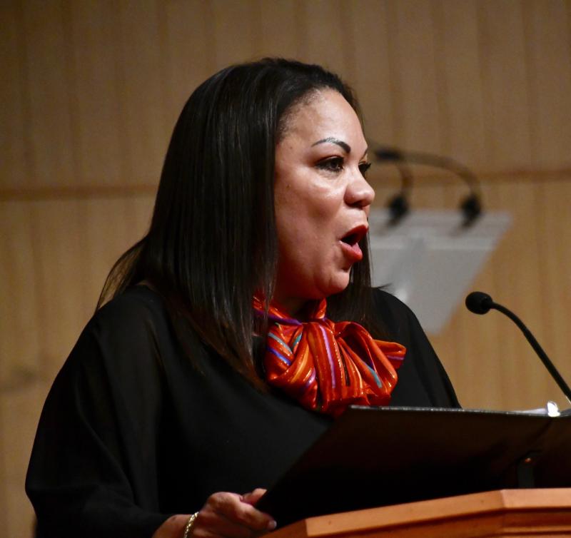 Gwen Miller leads off the MLK musical celebration singing “Lift Every Voice and Sing,” which is known as the Black national anthem.