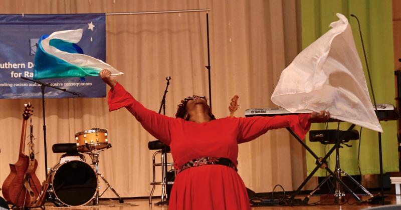Lorraine Smith of St. John Second Baptist Church in Millsboro does an interpretive praise dance to the song “Believe For It” by CeCe Winans. Smith was one of several performers taking part in the Jan. 12 Southern Delaware Alliance for Racial Justice to celebrate the life of Martin Luther King Jr. at Epworth United Methodist Church. RON MACARTHUR PHOTOS