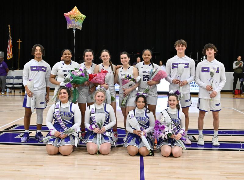 The fans celebrated the boys’ and girls’ basketball teams and cheerleaders during the boys’ pregame. Shown in back are (l-r) Xavier Efford, Journey Handy, Josie Peranteau, Lily Hutt, Ryley McCluskey, Mia Elliott, Ed Higgins and Mason Bohinski. In front are Brenda Silva, Josie Mazzetti, Aria Gill and Tobi Robinson. DAN COOK PHOTOS