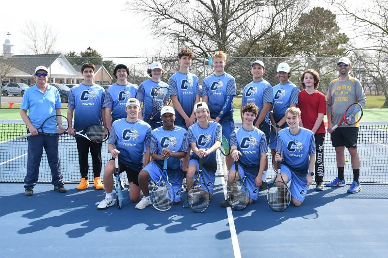 The 2024 Cape Henlopen boys’ tennis team comprises in back (l-r) assistant coach Pat Breen, Michael Gordon, Caidan Juliano, AJ Justiniani, Aidan Khalaf, Oliver Townsend, Derek Alducin-Hernandez, Krish Prattipati, Aydin Schuler-Koltuk and coach Mike Roy. In front are Trent Kauffman, Khalel Wright, Nathan Hoang, Sully Naden and Brody Trewartha.