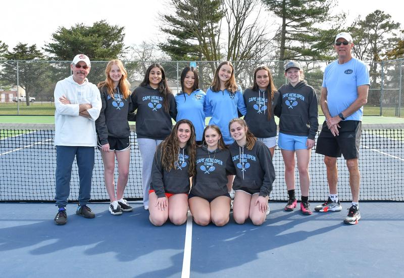 The 2024 Cape tennis team comprises in back (l-r) head coach Rich Rasa, Katie Costello, Sia Patel, Ailene Corey, Kyli Doyon-Baridon, Rachel Ramjattansingh, Abby Hazzard and assistant coach Mark Pedersen. In front are Mya DiSabatino, Adelle Trumbauer and Julia DiSabatino. Not shown are assistant coaches Carlos Casas and Jackson Curatola. DAN COOK PHOTOS